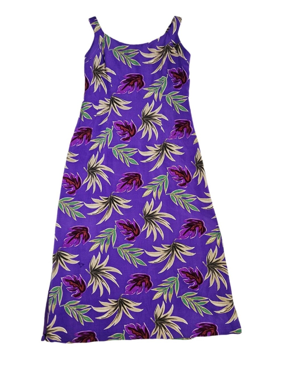 Vintage Silk Maxi Dress Purple Floral Tropical Womens 14 Slits Vacation Flawed